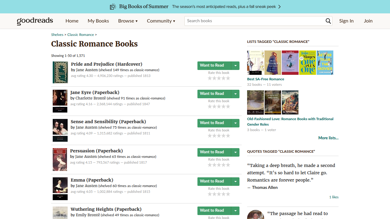 Goodreads classic romance shelf, an online community where readers discover, rate, and discuss beloved classic romance novels.