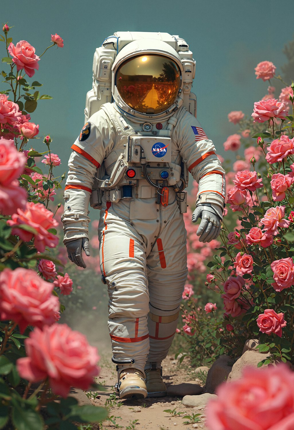 A lone astronaut in a Martian habitat, carefully tending to plants, symbolizing survival and ingenuity.