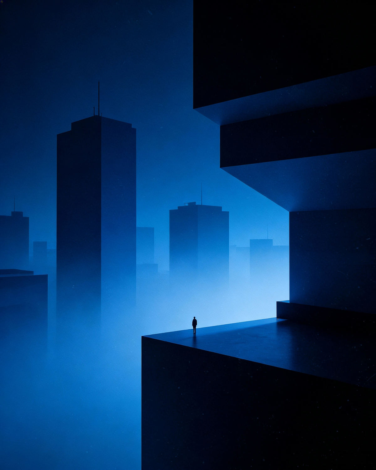 A visually stark and desolate urban landscape, portraying a world where hope has faded, with a lone figure in the foreground.