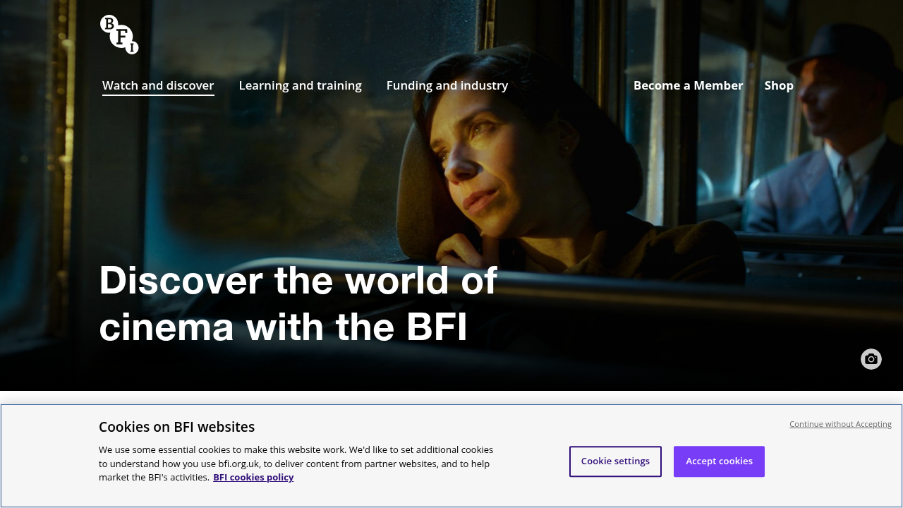 The homepage of the British Film Institute (BFI), a prominent organization dedicated to promoting and preserving film and television culture.