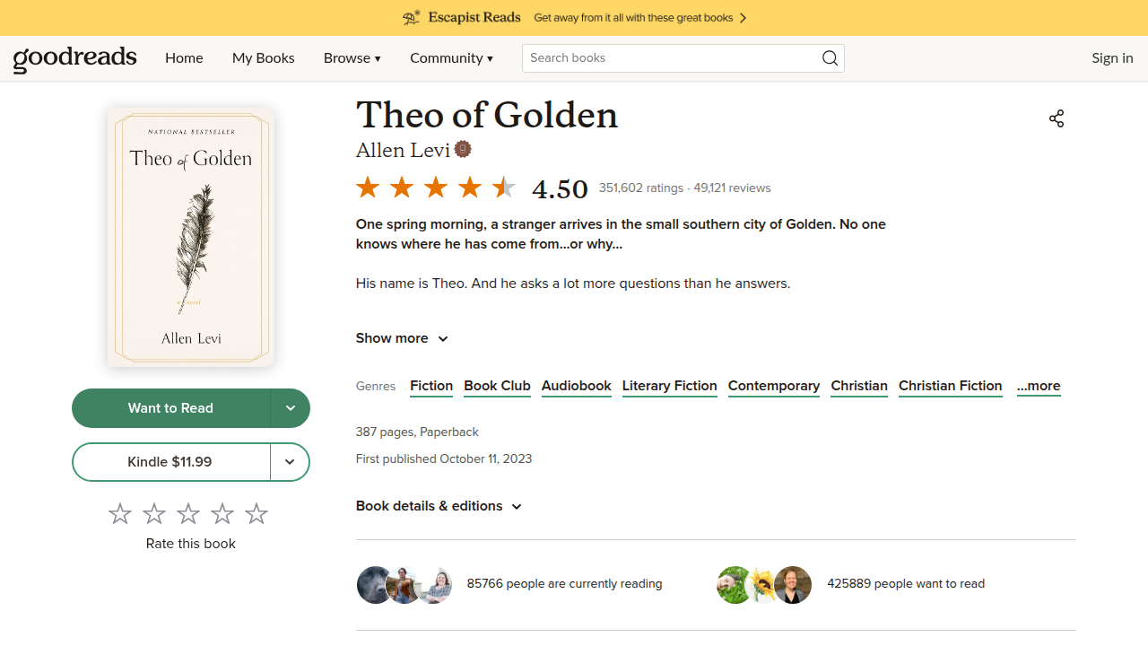 A screenshot of the Goodreads page for 'Theo of Golden,' showcasing its high average rating and reader reviews.