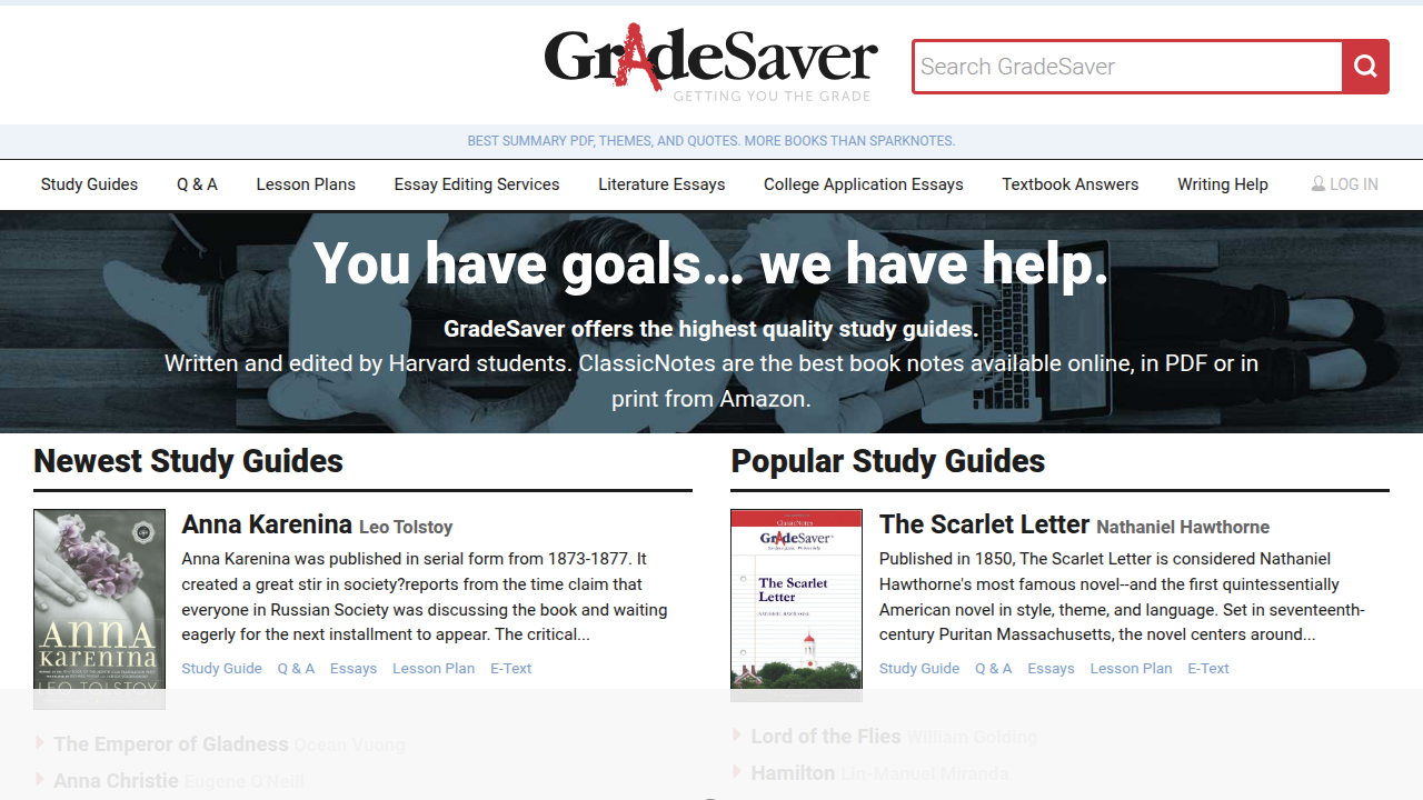 Discover literary analyses and study guides on the GradeSaver website.