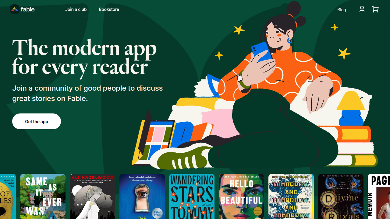 Screenshot of the Fable homepage, a platform known for community recommendations and reading reports, highlighting reader habits and discovery challenges.