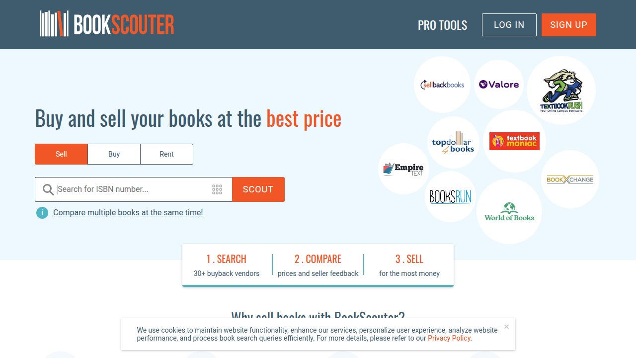 Screenshot of the BookScouter homepage, a price comparison tool for finding cheap new and used books from various sellers.