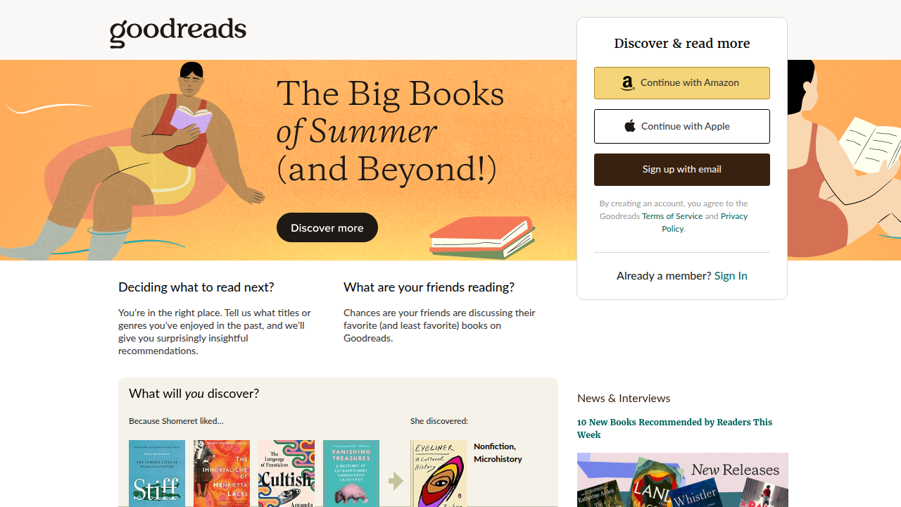 The Goodreads homepage, a central hub for readers to connect, track books, and discover new titles.