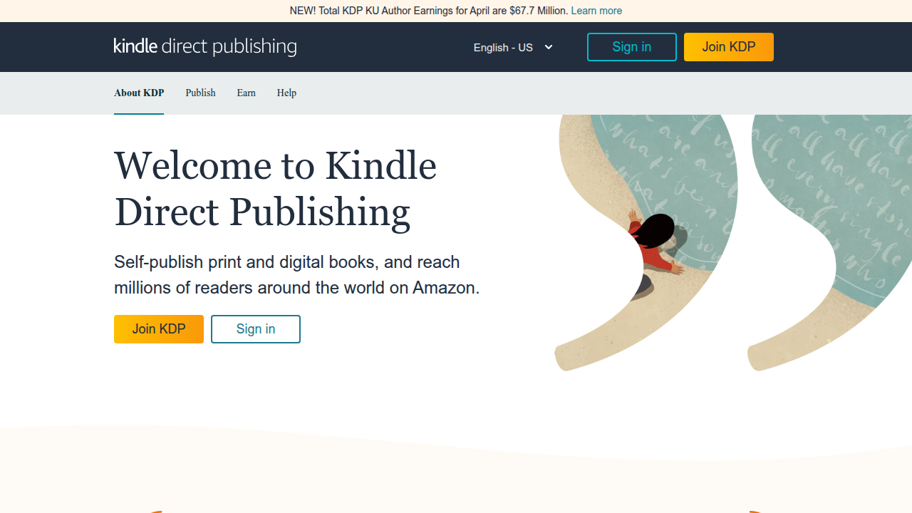 The homepage for Kindle Direct Publishing (KDP), Amazon's platform for independent authors.