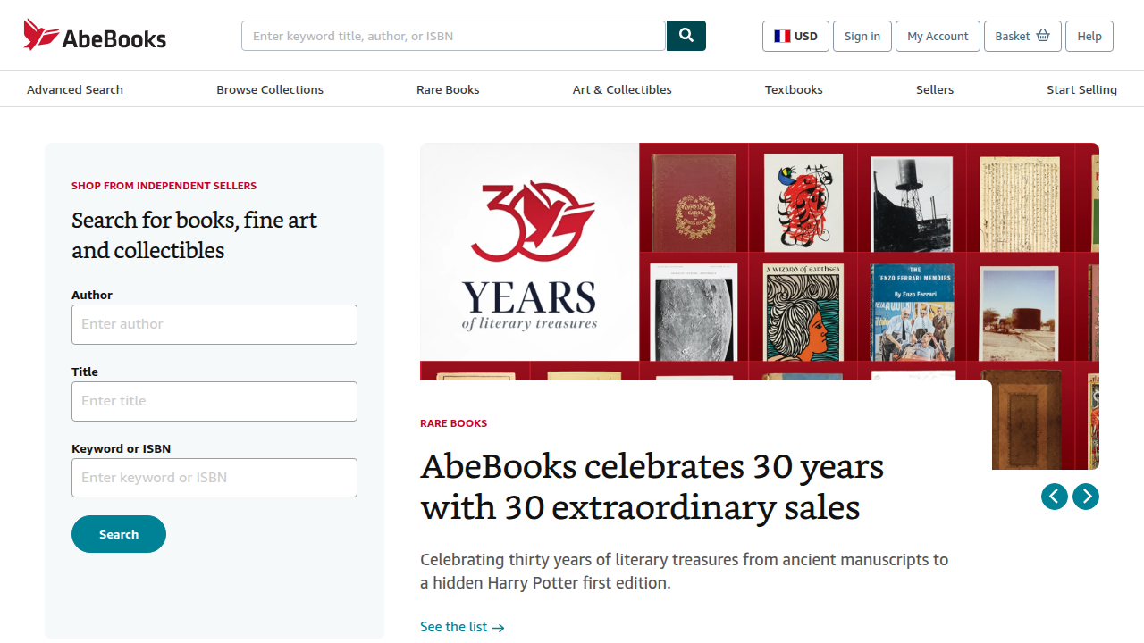 The AbeBooks homepage, serving as a global marketplace connecting buyers with independent booksellers.