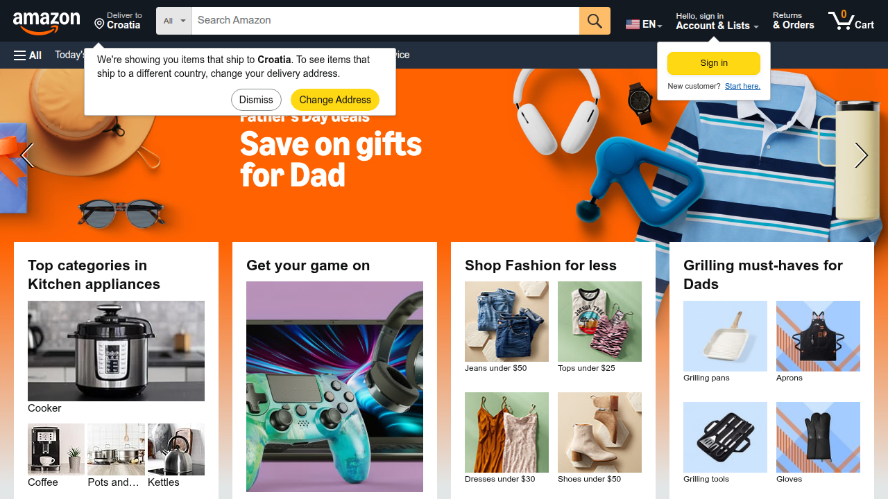 The Amazon homepage, highlighted as a major marketplace for new books and digital editions.
