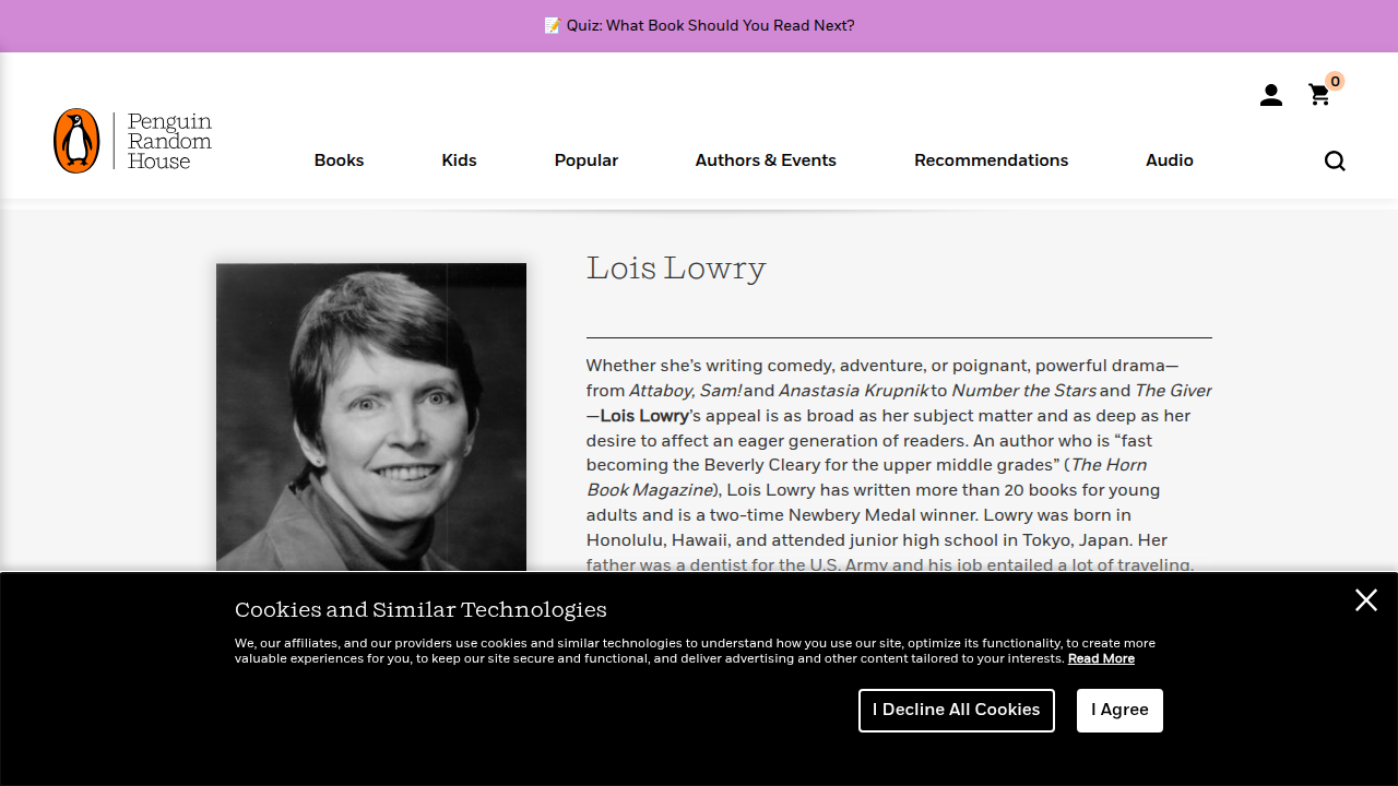 Lois Lowry's author profile on the Penguin Random House website, highlighting her extensive bibliography.