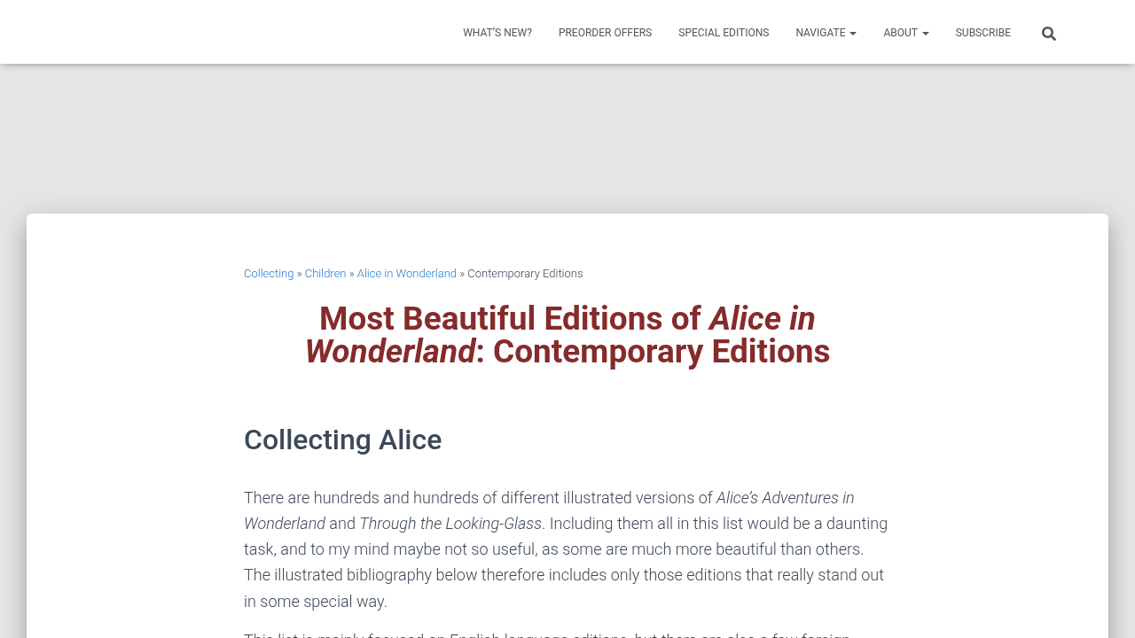 A visual representation of a website dedicated to cataloging and showcasing various editions of Alice in Wonderland for collectors.